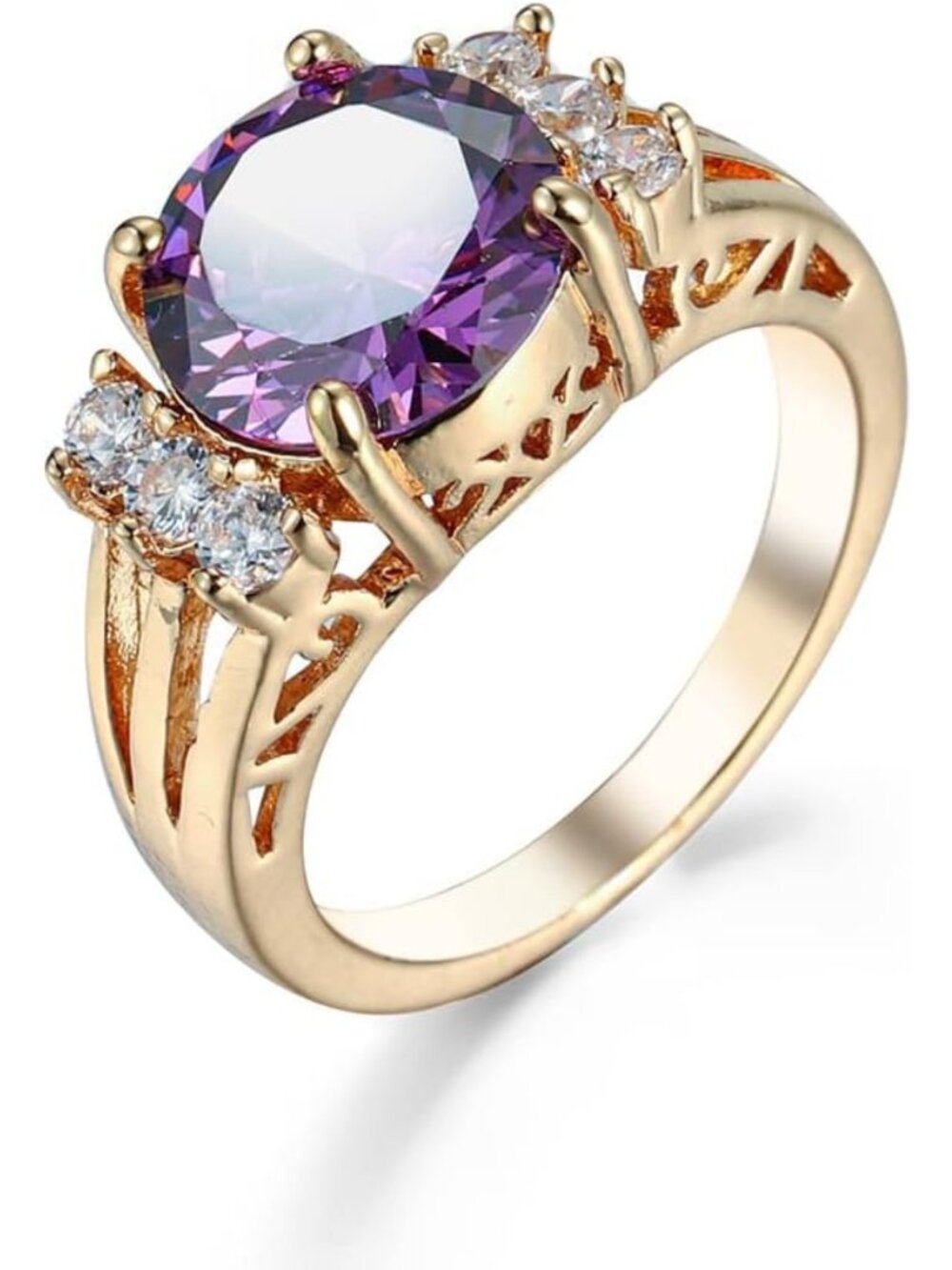 Elegant 18K Gold Plated Purple Gemstone Ring | Cubic Zirconia Eternity Band for
